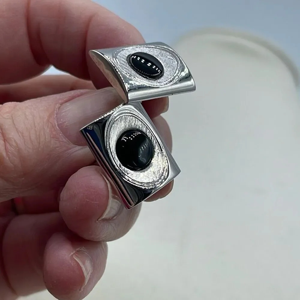 Vintage cuff links silver tone & black glass centers.